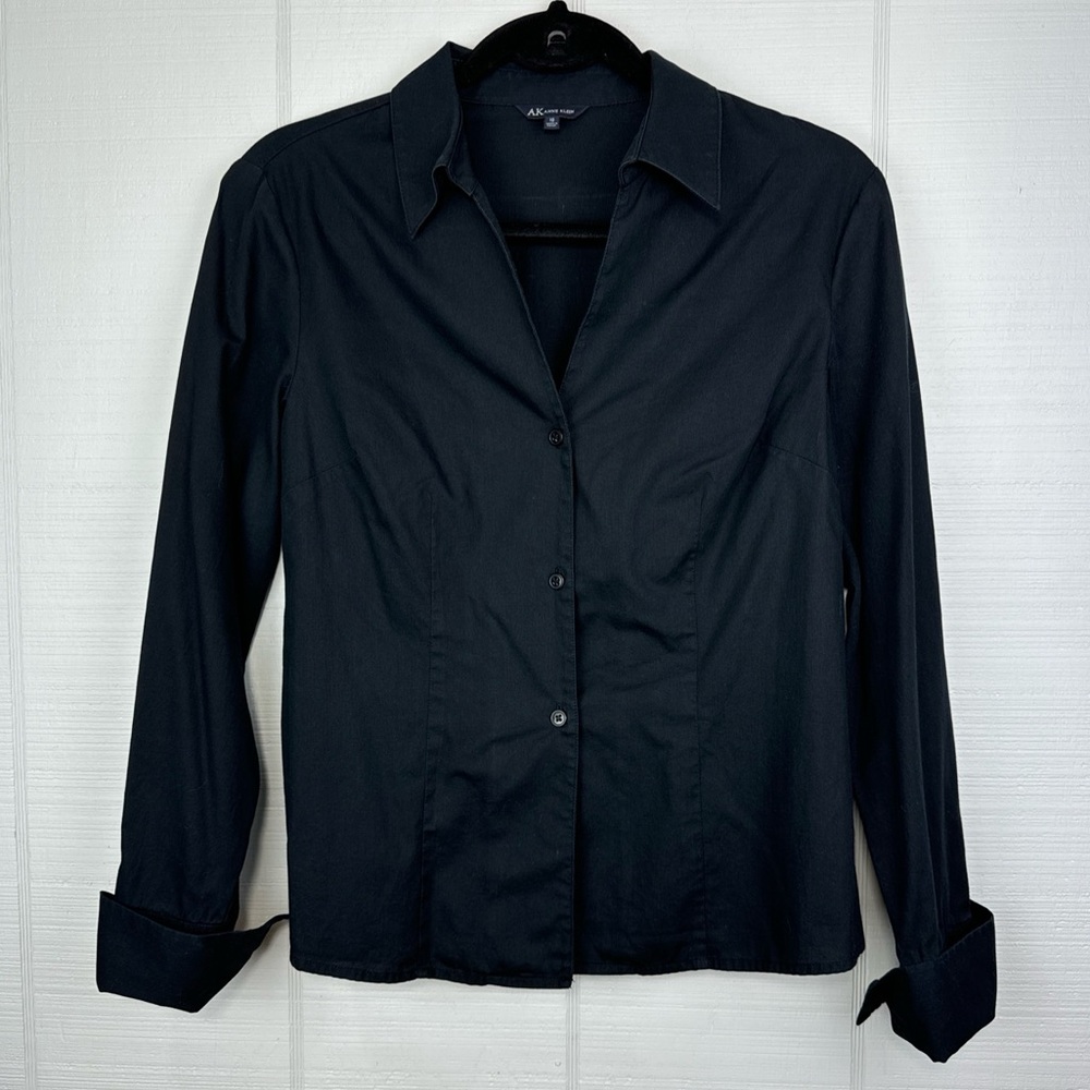 Anne Klein Black Cotton Long Sleeve Button Up V-neck Top Blouse 10